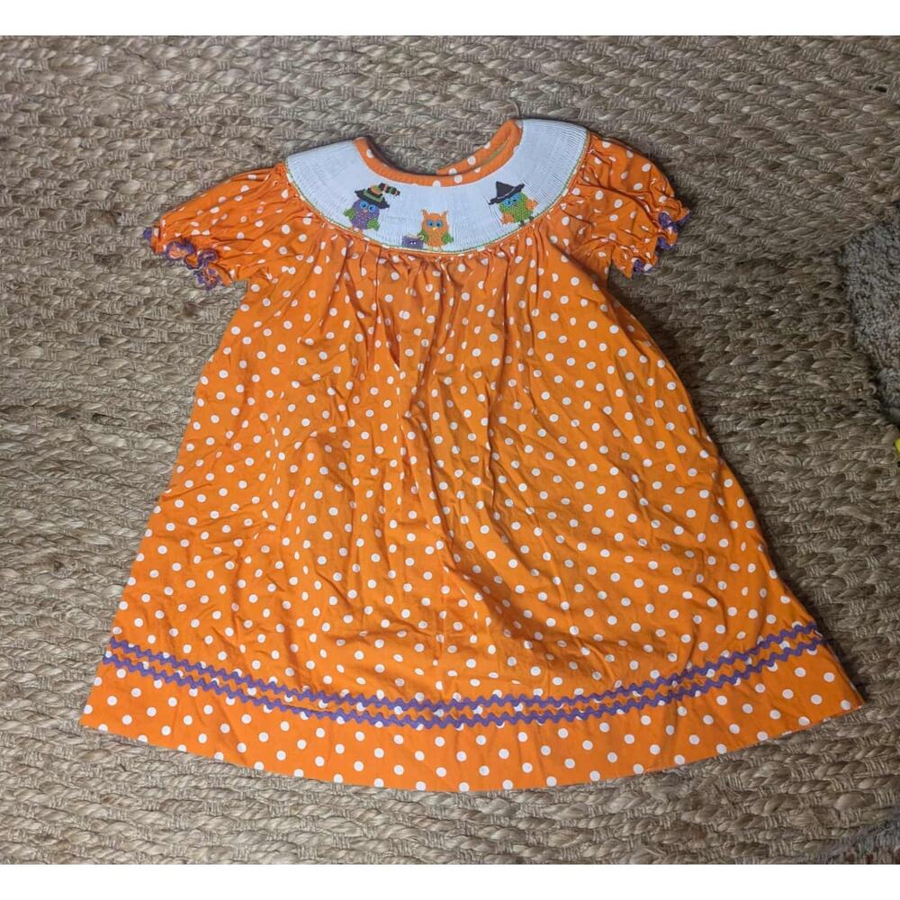Stelly Belly Halloween Smocked White Polka Dot Orange Dress Size 2T Owls
